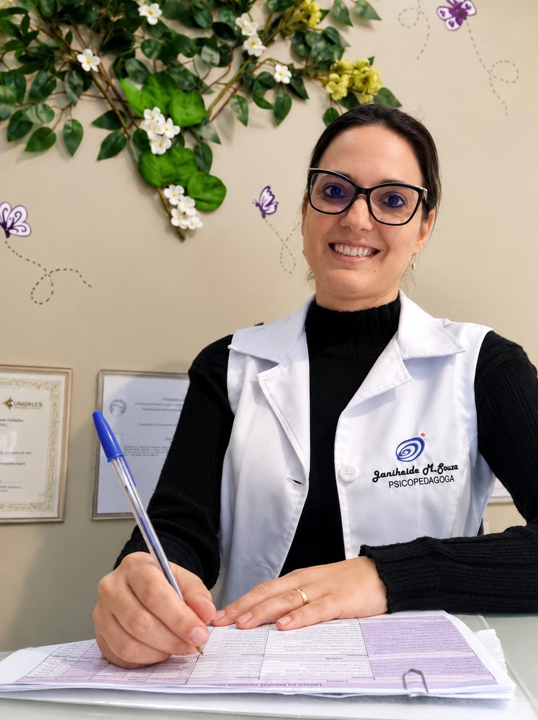 Janiheide Migliorini de Souza, de jaleco branco bordado “Psicopedagoga”, escrevendo em uma ficha na mesa do consultório