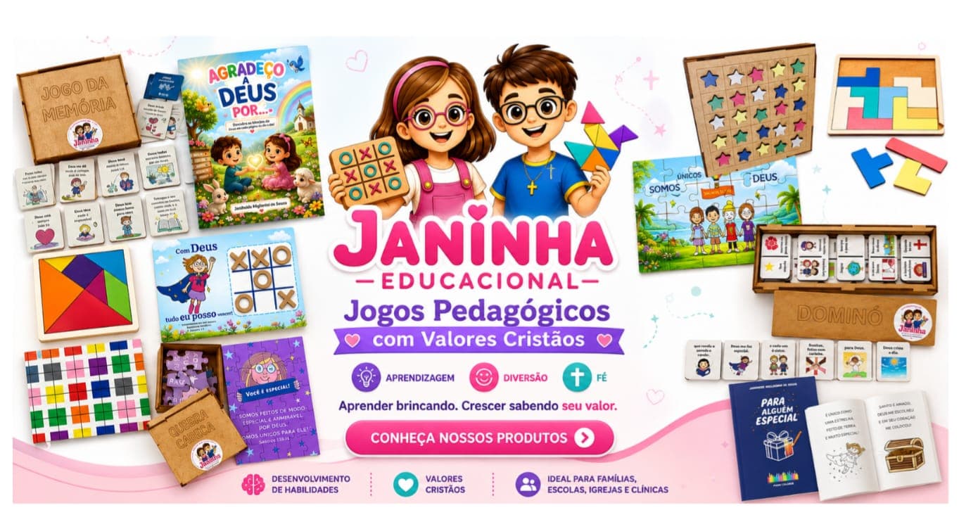 Os livros e jogos da coleção Janinha Educacional dispostos em volta do selo da marca, com a chamada “Aprender brincando. Crescer sabendo seu valor.”