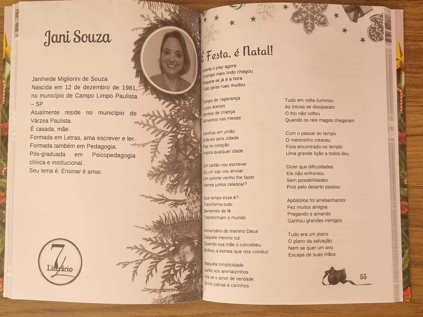 Páginas do livro Versos da Alma com a biografia de Jani Souza e o poema É Festa, é Natal!