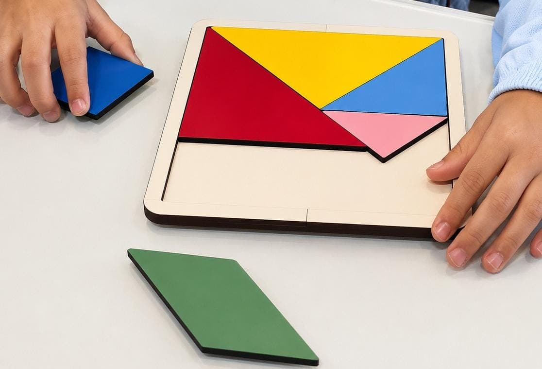Mãos de criança encaixando as últimas peças do tangram na base